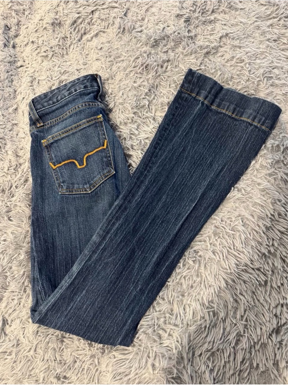 Kimes Ranch Dark Blue Flare Jeans with Yellow Stitching